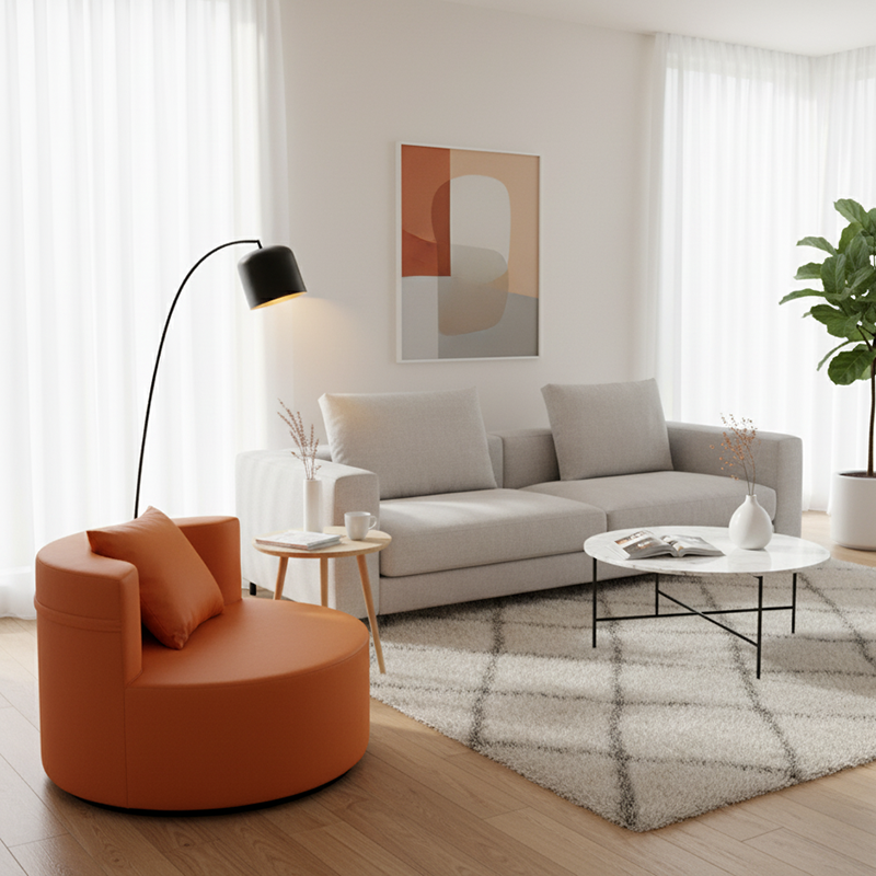 Contemporary Round Leathaire Compressed Sofa - Scandinavian High-Density Sponge Lounge Chair For Living Room Lumendat