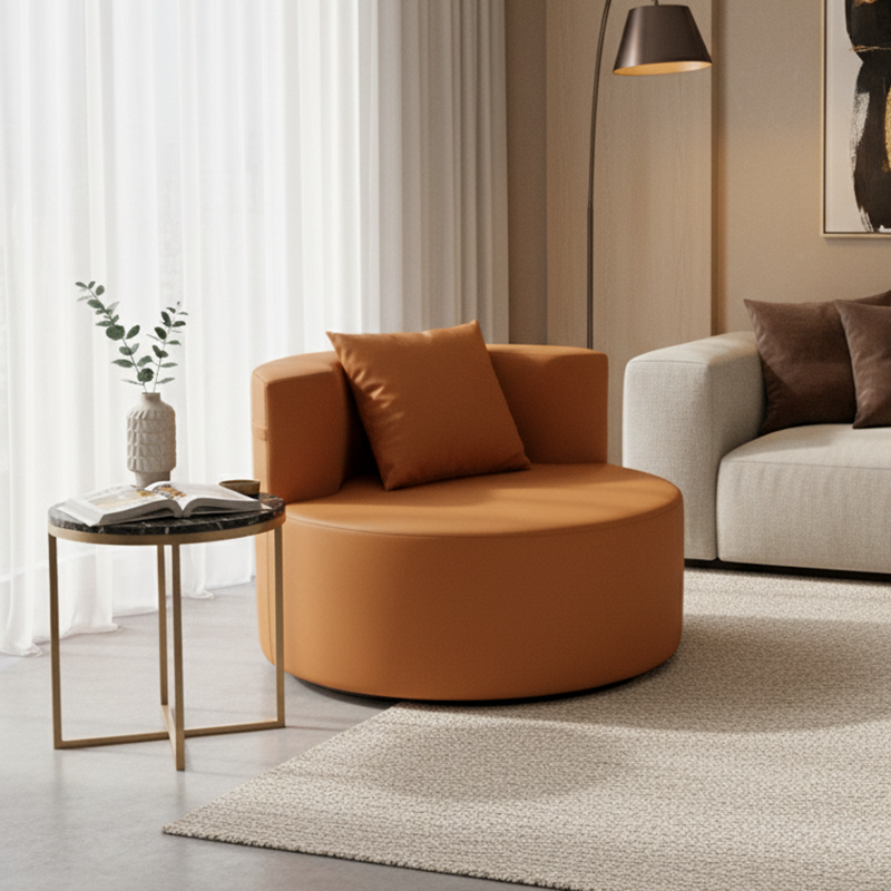 Contemporary Round Leathaire Compressed Sofa - Scandinavian High-Density Sponge Lounge Chair For Living Room Lumendat