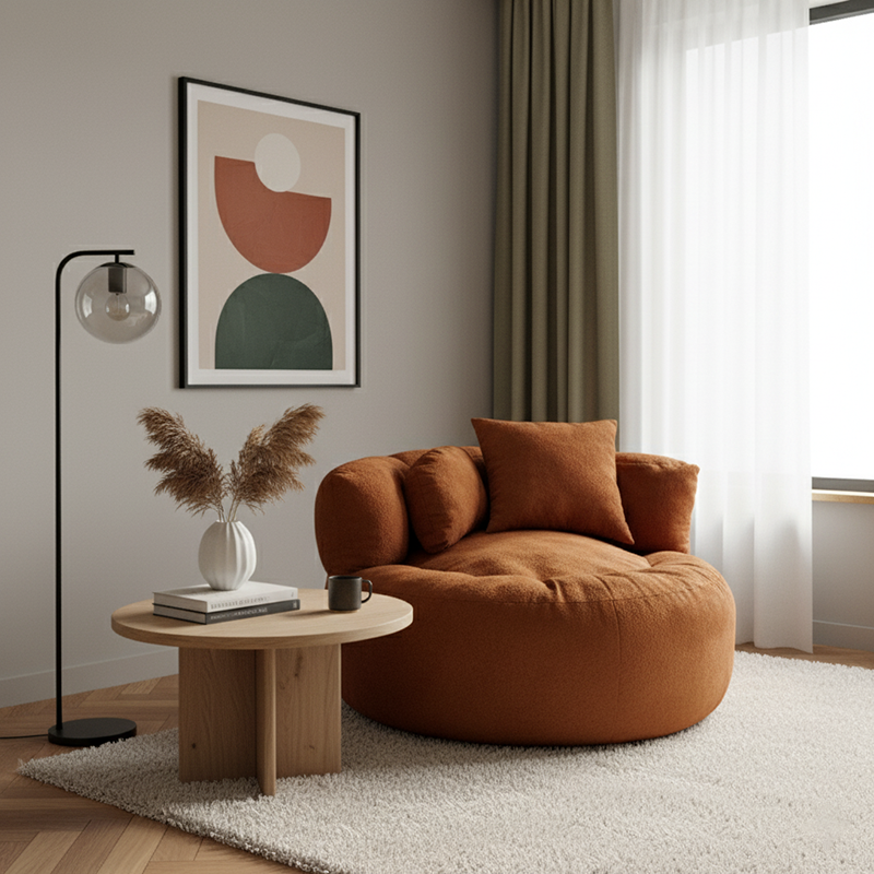 Contemporary Scandinavian Toweling Compressed Single Sofa - Round Circular Accent Chair For Living Room Lumendat