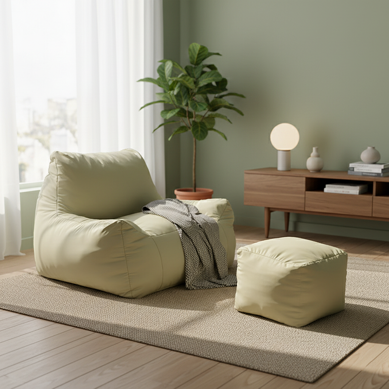 Modern Frameless Leathaire Compressed Sofa - Vacuum Compressed No-Installation Lounge Chair With Footstool For Living Room Lumendat