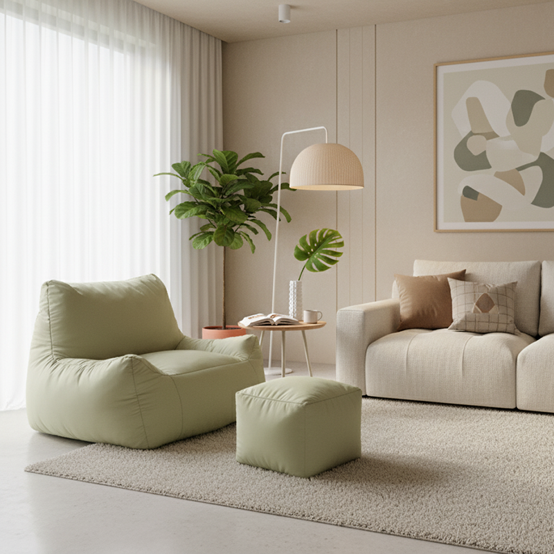 Modern Frameless Leathaire Compressed Sofa - Vacuum Compressed No-Installation Lounge Chair With Footstool For Living Room Lumendat