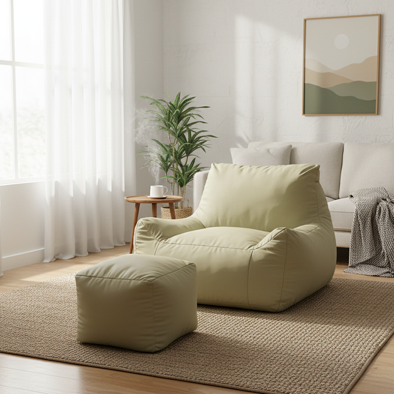 Modern Frameless Leathaire Compressed Sofa - Vacuum Compressed No-Installation Lounge Chair With Footstool For Living Room Lumendat