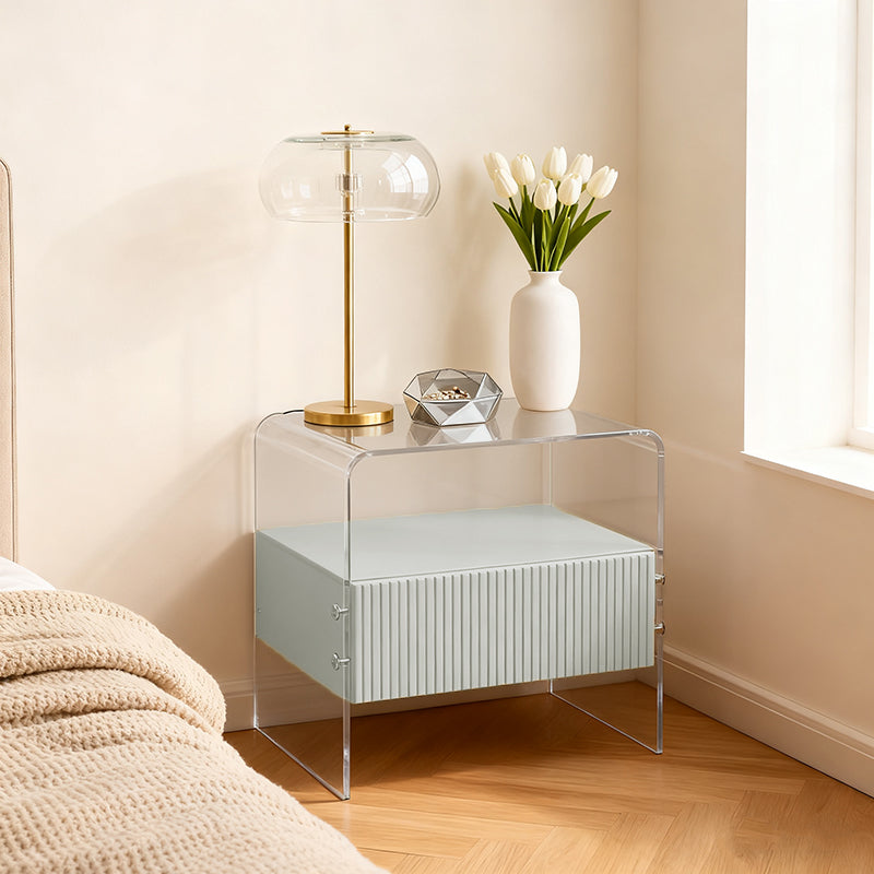 Transparent Acrylic Nightstand - Minimalist Sturdy U-Shaped Support Legs Bedside Table 1-Drawer For Bedroom & Living Room Lumendat
