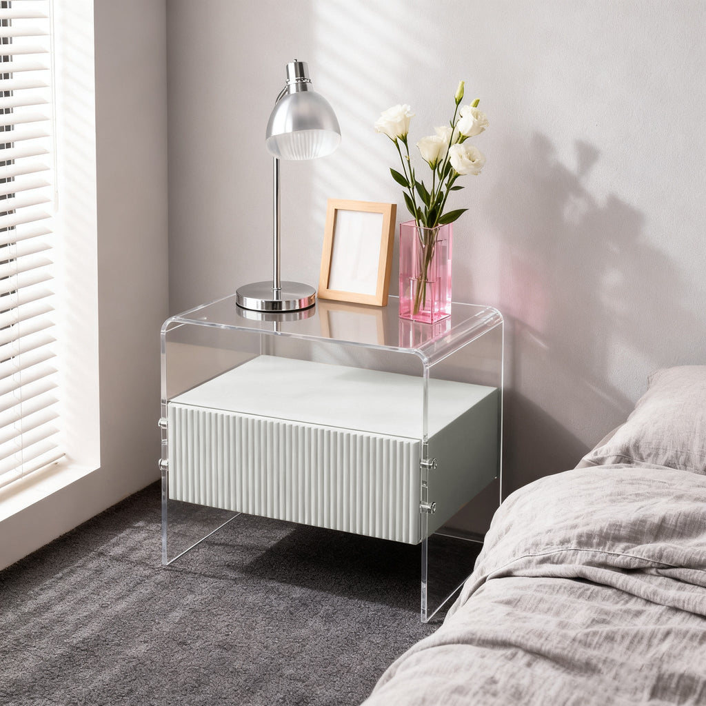 Transparent Acrylic Nightstand - Minimalist Sturdy U-Shaped Support Legs Bedside Table 1-Drawer For Bedroom & Living Room Lumendat