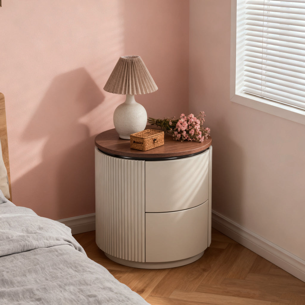 Contemporary Luxury Cylindrical Nightstand - Press-to-Open Bedside Table 2-Drawer For Bedroom Lumendat