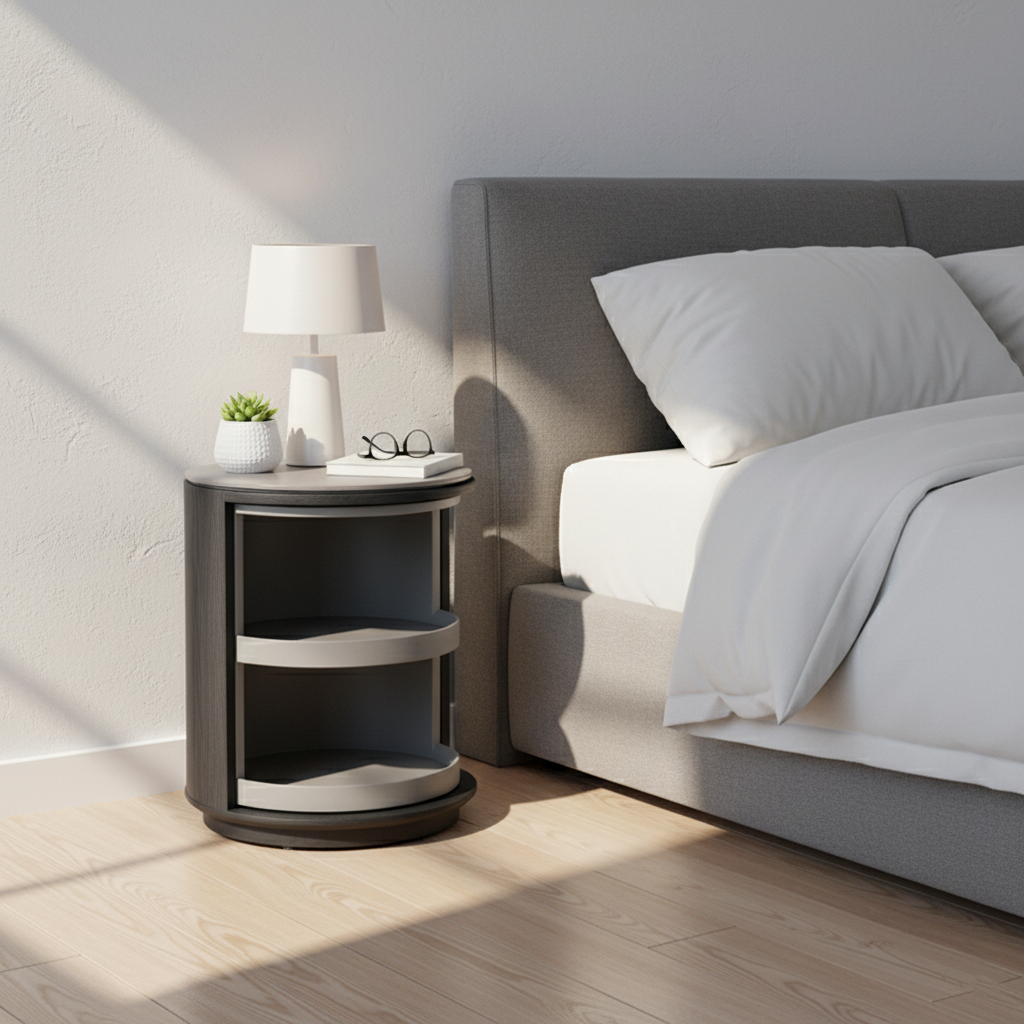 Industrial Rotating Nightstand - Round Skin-Friendly Baking Paint Bedside Table 3-Tier For Bedroom & Living Room Lumendat