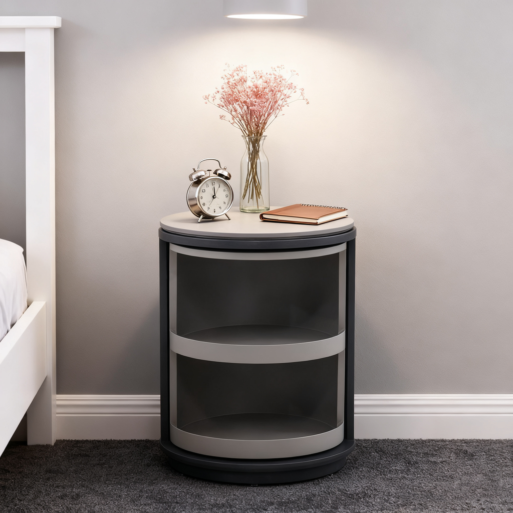 Industrial Rotating Nightstand - Round Skin-Friendly Baking Paint Bedside Table 3-Tier For Bedroom & Living Room Lumendat