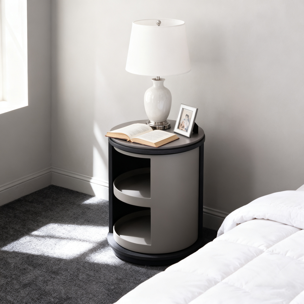 Industrial Rotating Nightstand - Round Skin-Friendly Baking Paint Bedside Table 3-Tier For Bedroom & Living Room Lumendat