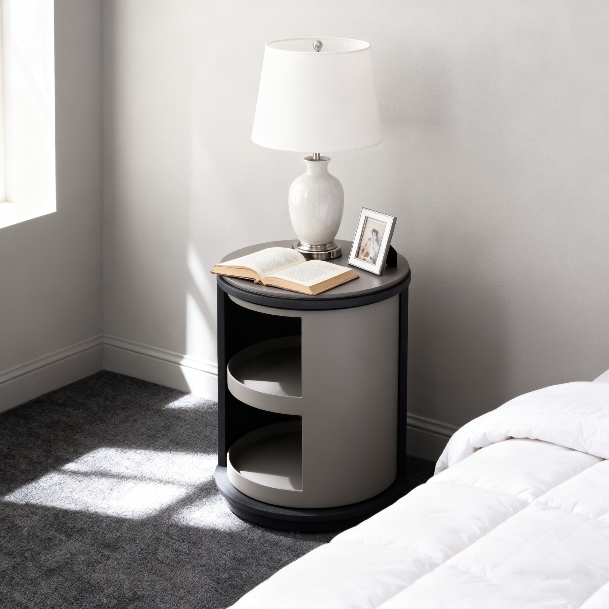 Industrial Rotating Nightstand - Round Skin-Friendly Baking Paint Bedside Table 3-Tier For Bedroom & Living Room Lumendat