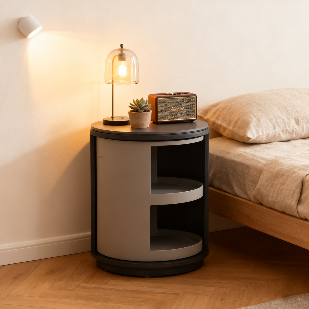 Industrial Rotating Nightstand - Round Skin-Friendly Baking Paint Bedside Table 3-Tier For Bedroom & Living Room Lumendat