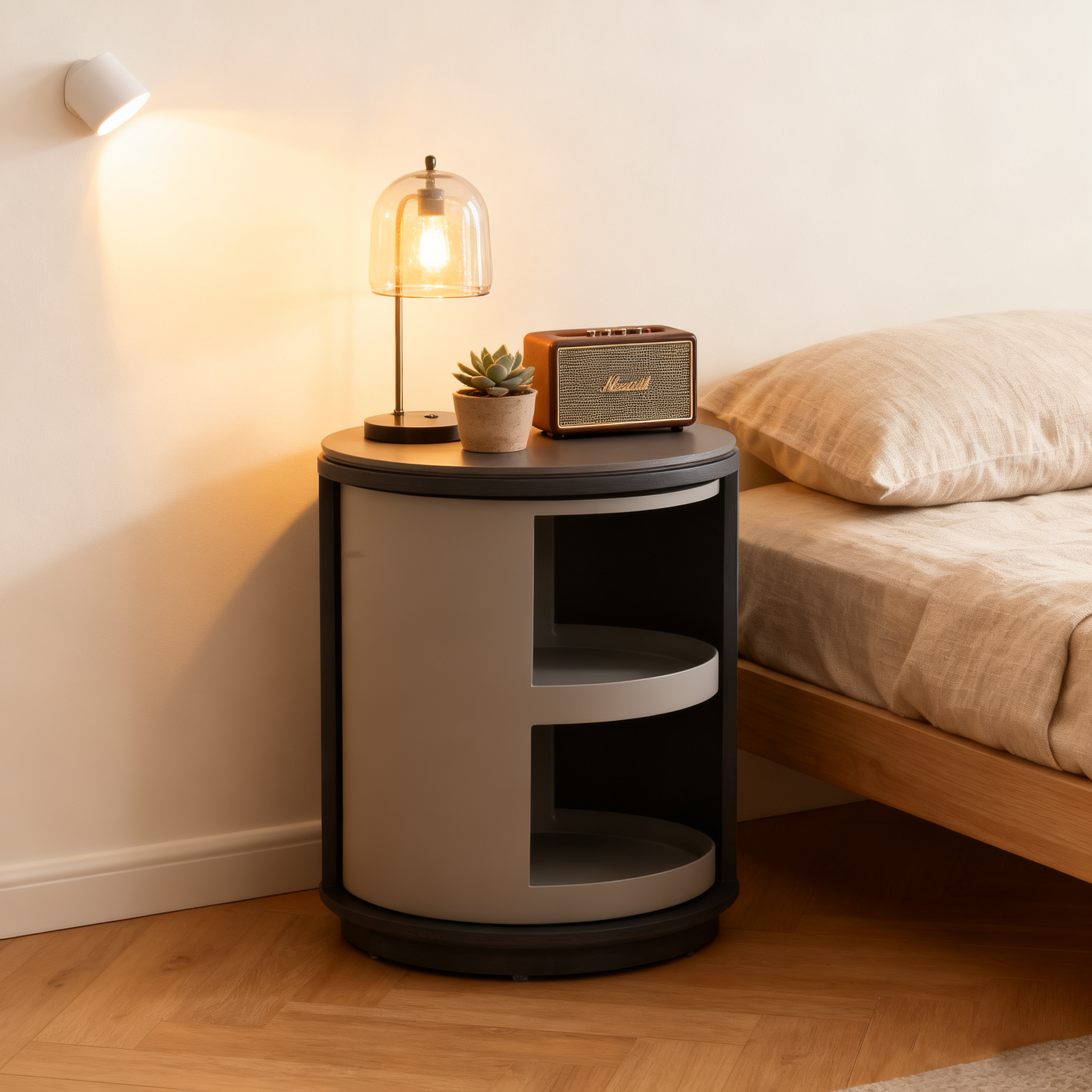 Industrial Rotating Nightstand - Round Skin-Friendly Baking Paint Bedside Table 3-Tier For Bedroom & Living Room Lumendat