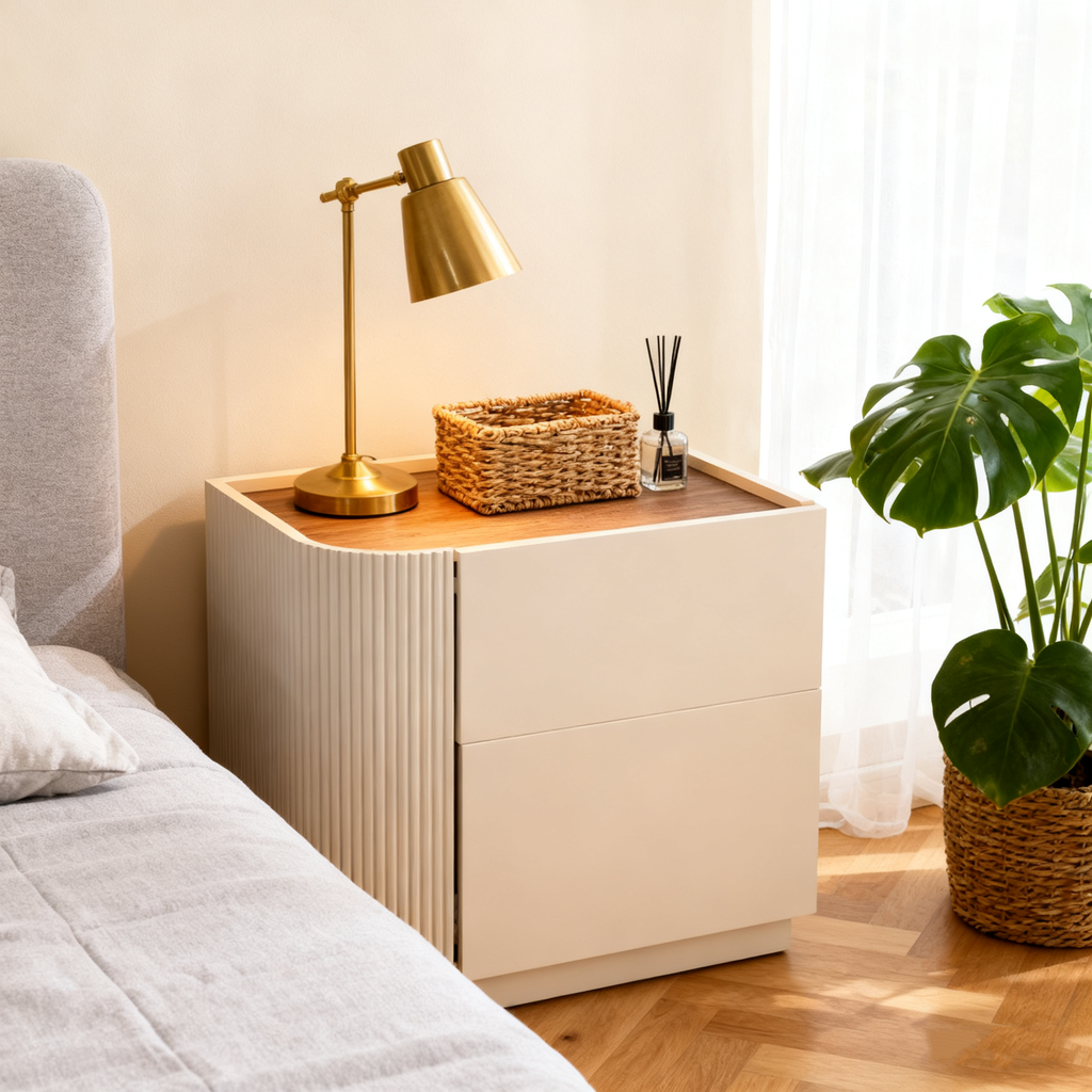 Premium Luxury Nightstand - Delicate Textured Panel Bedside Table 2-Drawer For Bedroom & Living Room Lumendat
