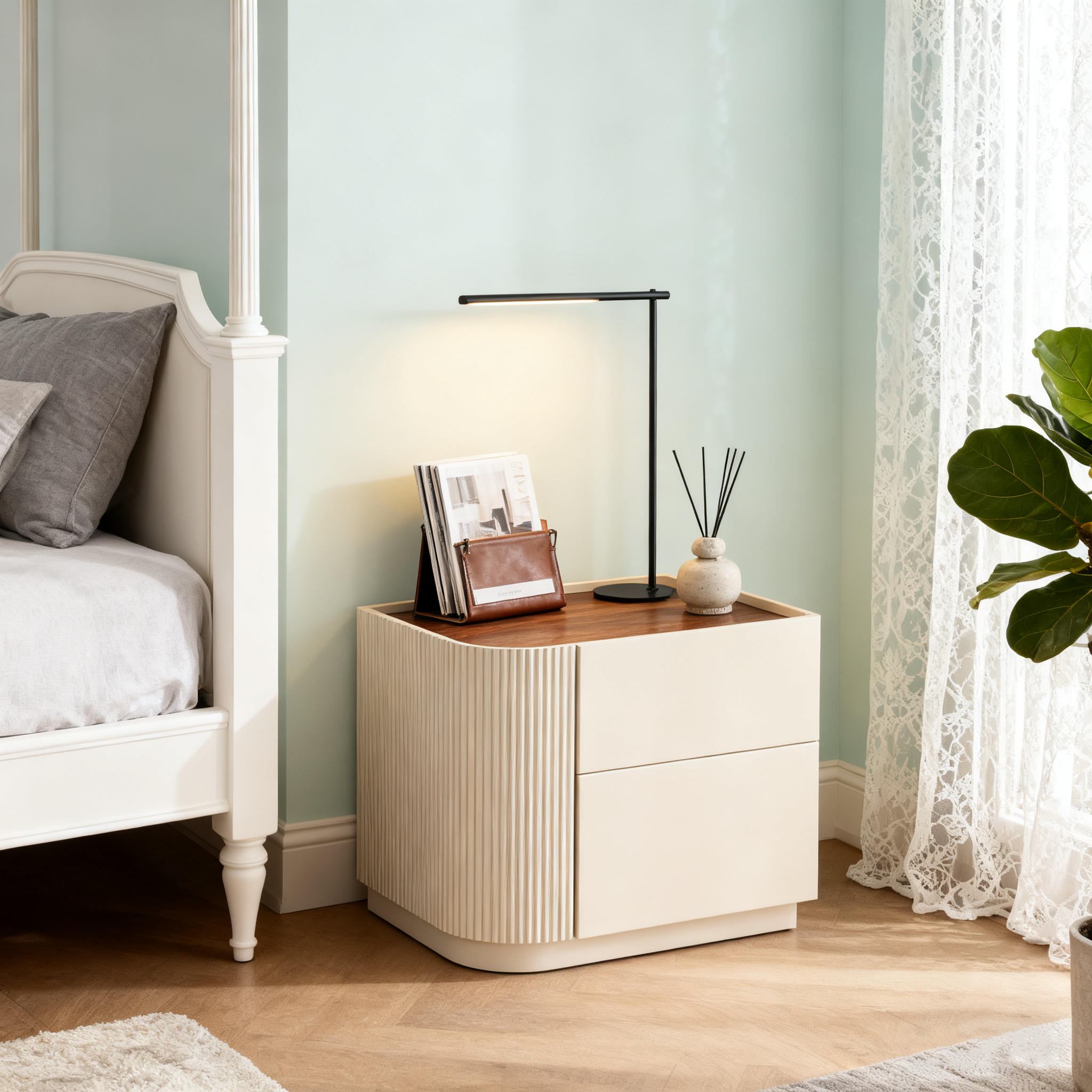 Premium Luxury Nightstand - Delicate Textured Panel Bedside Table 2-Drawer For Bedroom & Living Room Lumendat