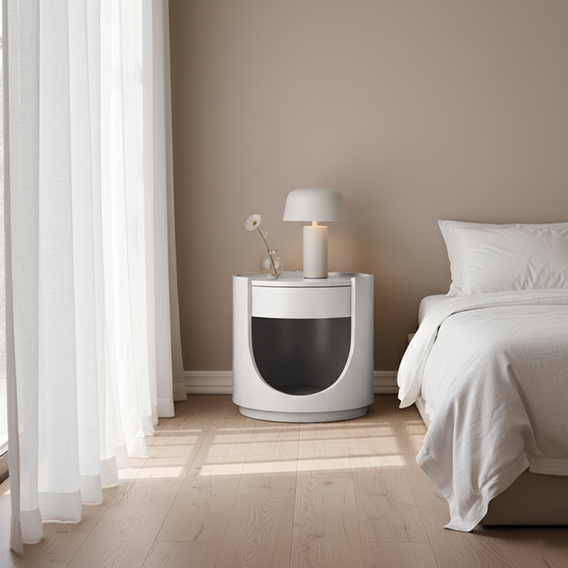 Scandinavian Style Round Nightstand - Space-Maximizing Storage Magic Bedside Table 1-Drawer For Bedroom Lumendat