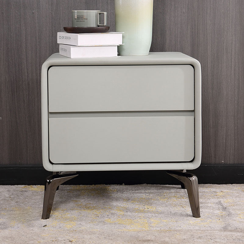 Modern Minimalist Design Nightstand - Refined Rounded Corners & Luxe Faux PVC Leather Charm Bedside Table 2-Drawer For Bedroom Lumendat