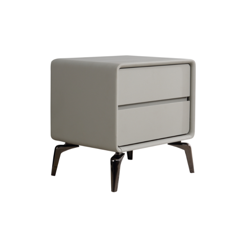 Modern Minimalist Design Nightstand - Refined Rounded Corners & Luxe Faux PVC Leather Charm Bedside Table 2-Drawer For Bedroom Lumendat