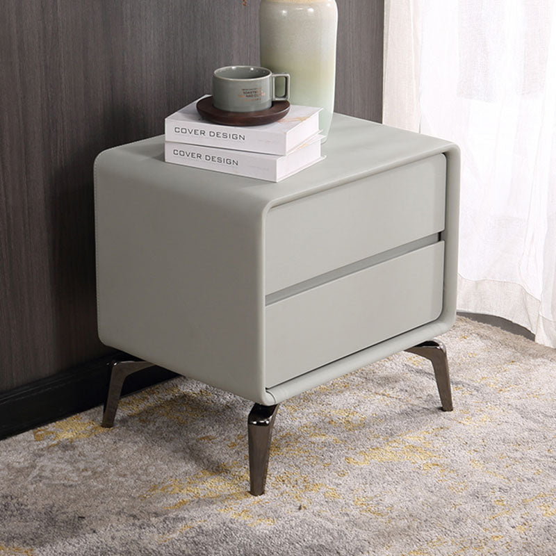 Modern Minimalist Design Nightstand - Refined Rounded Corners & Luxe Faux PVC Leather Charm Bedside Table 2-Drawer For Bedroom Lumendat