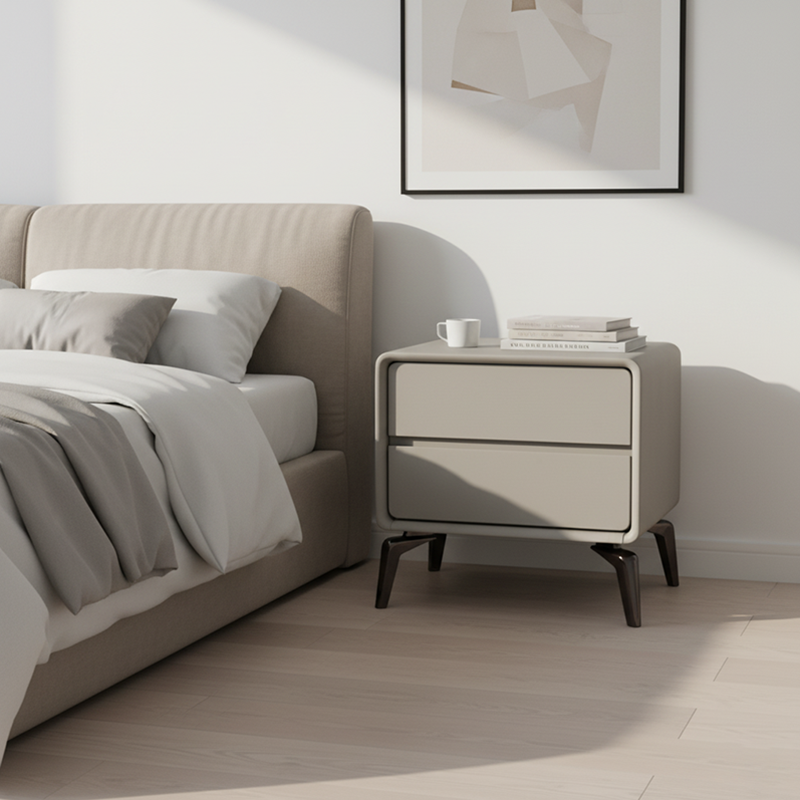 Modern Minimalist Design Nightstand - Refined Rounded Corners & Luxe Faux PVC Leather Charm Bedside Table 2-Drawer For Bedroom Lumendat