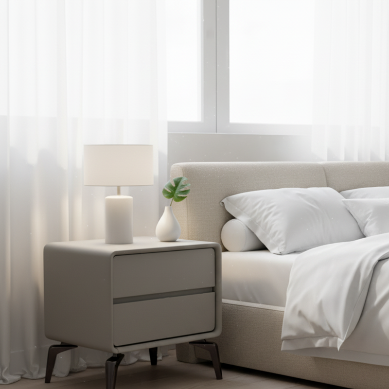 Modern Minimalist Design Nightstand - Refined Rounded Corners & Luxe Faux PVC Leather Charm Bedside Table 2-Drawer For Bedroom Lumendat