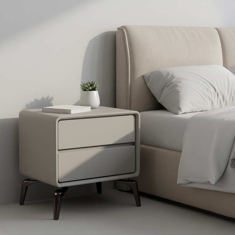 Modern Minimalist Design Nightstand - Refined Rounded Corners & Luxe Faux PVC Leather Charm Bedside Table 2-Drawer For Bedroom Lumendat