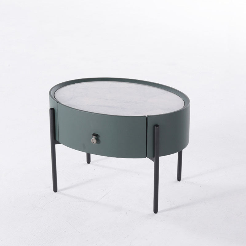 Durable Sintered Stone Top & Faux Leather Nightstand - Scandinavian Design Style Ellipse Bedside Table 1-Drawer For Bedroom Lumendat