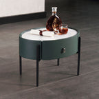 Durable Sintered Stone Top & Faux Leather Nightstand - Scandinavian Design Style Ellipse Bedside Table 1-Drawer For Bedroom Lumendat