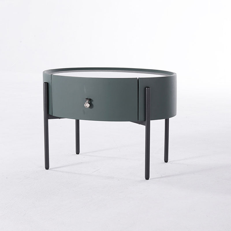 Durable Sintered Stone Top & Faux Leather Nightstand - Scandinavian Design Style Ellipse Bedside Table 1-Drawer For Bedroom Lumendat