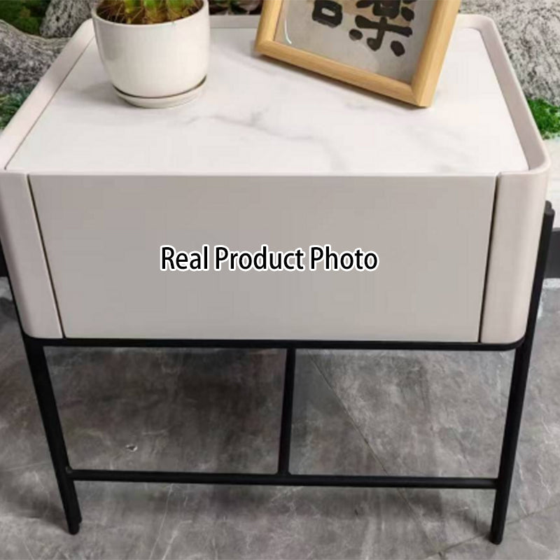Durable Minimalist Nightstand - Sintered Rock Slab Top & Solid Wood Drawer Storage Bedside Table 1-Drawer For Bedroom Lumendat