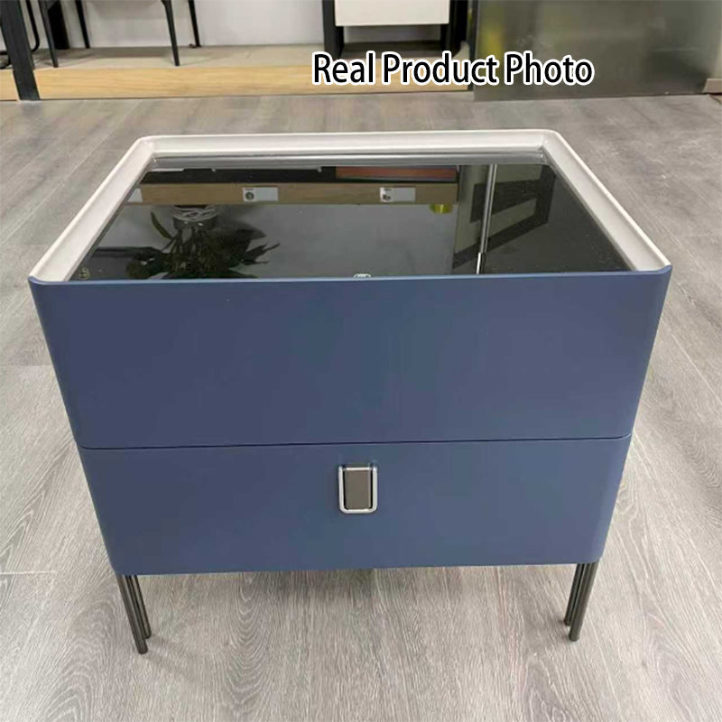 Distinctive Industrial Design Nightstand - E1 Eco-Friendly Material Meets Tempered Glass Bedside Table 2-Drawer For Bedroom Lumendat