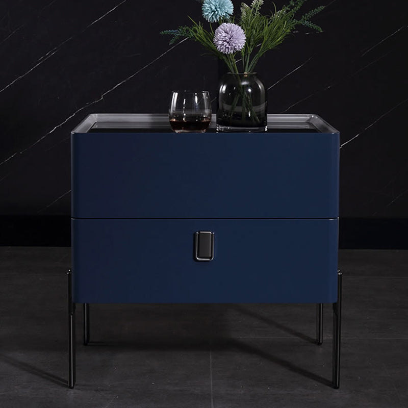 Distinctive Industrial Design Nightstand - E1 Eco-Friendly Material Meets Tempered Glass Bedside Table 2-Drawer For Bedroom Lumendat