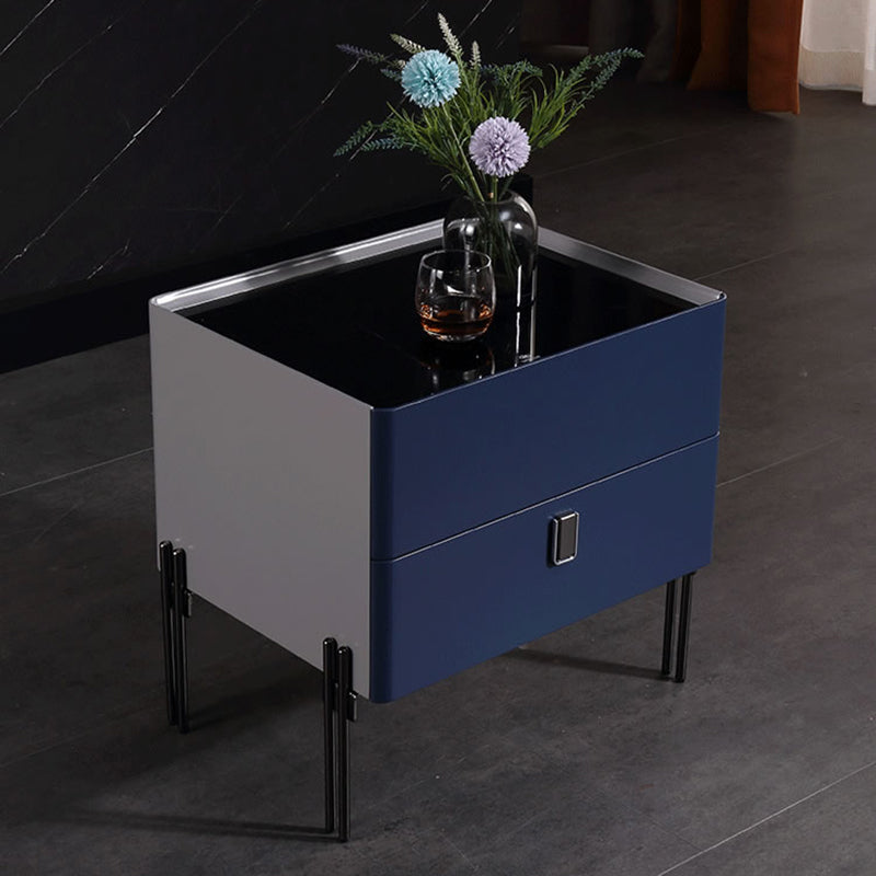 Distinctive Industrial Design Nightstand - E1 Eco-Friendly Material Meets Tempered Glass Bedside Table 2-Drawer For Bedroom Lumendat