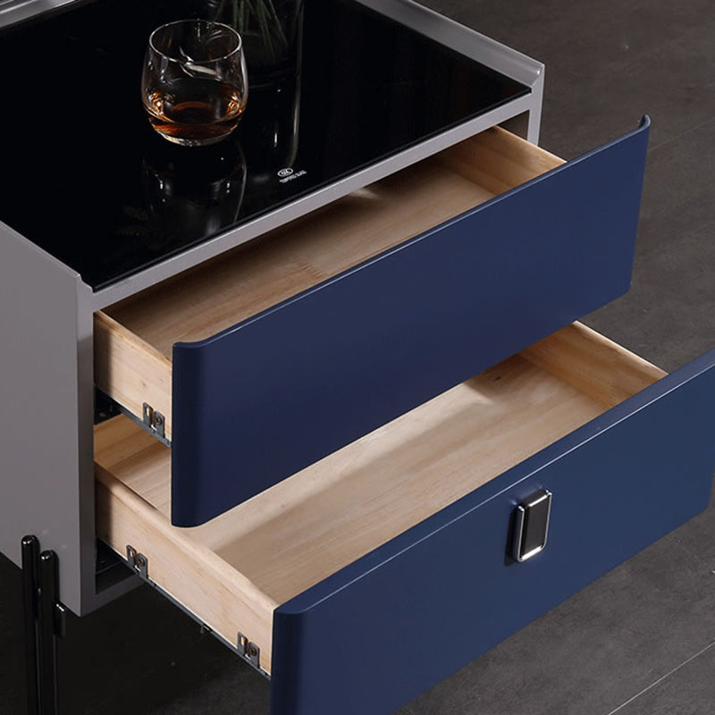 Distinctive Industrial Design Nightstand - E1 Eco-Friendly Material Meets Tempered Glass Bedside Table 2-Drawer For Bedroom Lumendat