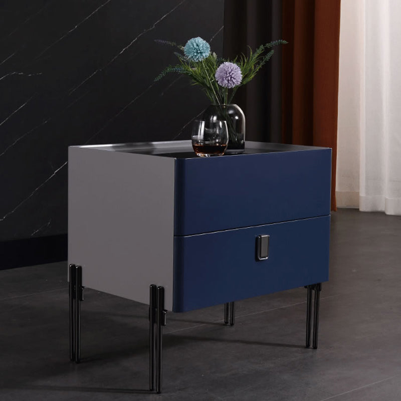 Distinctive Industrial Design Nightstand - E1 Eco-Friendly Material Meets Tempered Glass Bedside Table 2-Drawer For Bedroom Lumendat