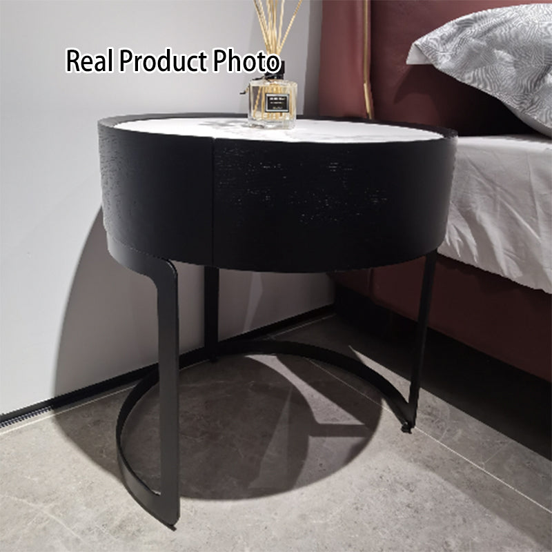 Round Industrial Nightstand - High-Recognition Shape & Unique Material-Mix Bedside Table 1-Drawer For Bedroom & Living Room Lumendat