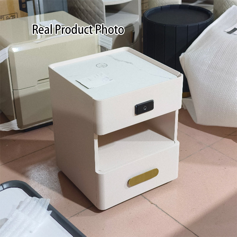 Tech-Enabled Minimalist Bedside Table - Convenient Wireless Charging & Fingerprint Lock Nightstand 2-Drawer For Bedroom & Living Room Lumendat