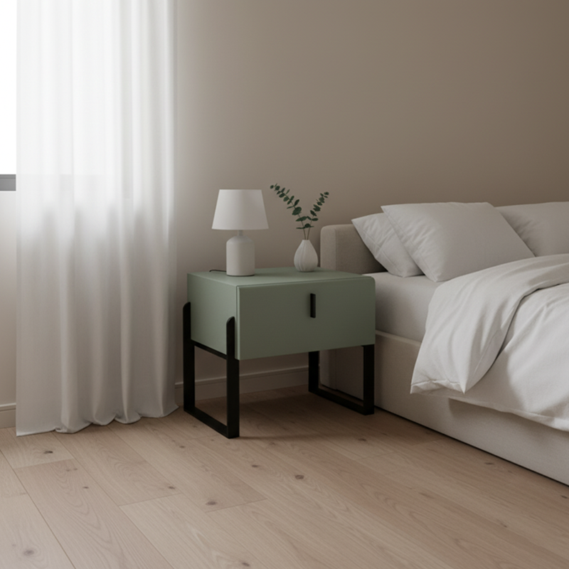 Elegant & Practical Nightstand - Industrial Featuring Faux Leather Upholstery Bedside Table 1-Drawer For Bedroom Lumendat