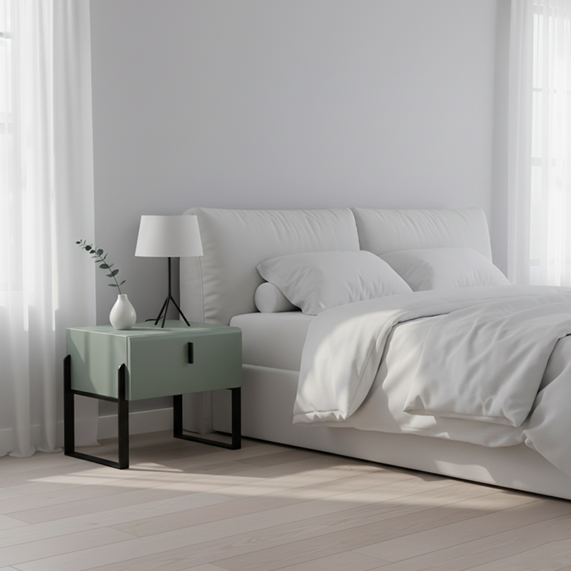 Elegant & Practical Nightstand - Industrial Featuring Faux Leather Upholstery Bedside Table 1-Drawer For Bedroom Lumendat