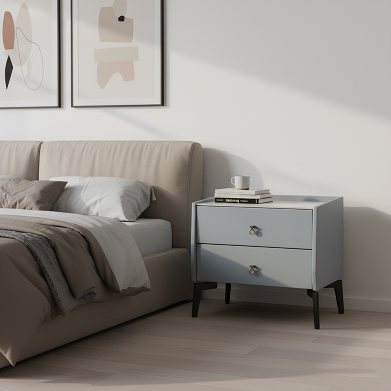 Stylish & Textured Nordic Nightstand - Sintered Rock Stone Top Airplane-Shaped Iron Legs Bedside Table 2-Drawer For Bedroom Lumendat