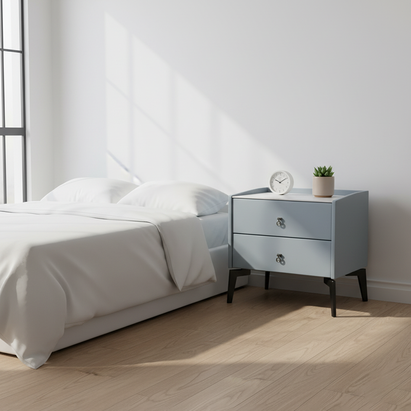 Stylish & Textured Nordic Nightstand - Sintered Rock Stone Top Airplane-Shaped Iron Legs Bedside Table 2-Drawer For Bedroom Lumendat