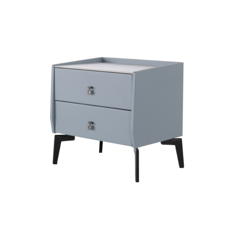 Stylish & Textured Nordic Nightstand - Sintered Rock Stone Top Airplane-Shaped Iron Legs Bedside Table 2-Drawer For Bedroom Lumendat