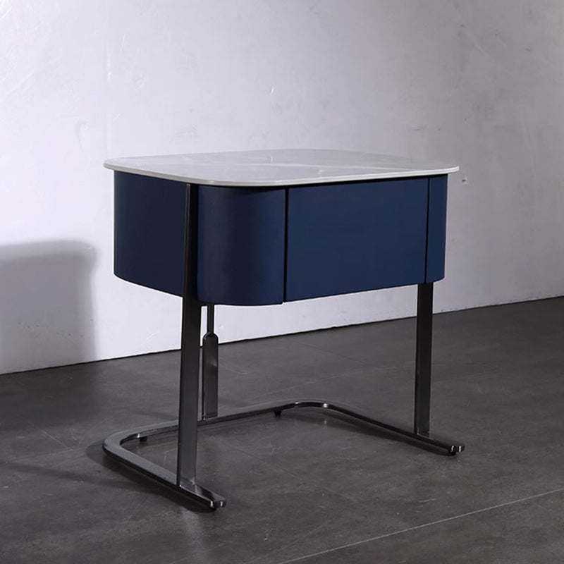 Hardcore Industrial-Style Bedside Table - Durable Rock Slab Top & Exquisite Faux Leather Stitching Nightstand 1-Drawer For Bedroom Lumendat