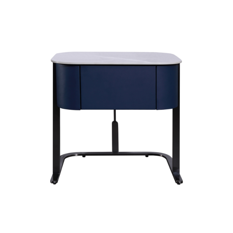 Hardcore Industrial-Style Bedside Table - Durable Rock Slab Top & Exquisite Faux Leather Stitching Nightstand 1-Drawer For Bedroom Lumendat