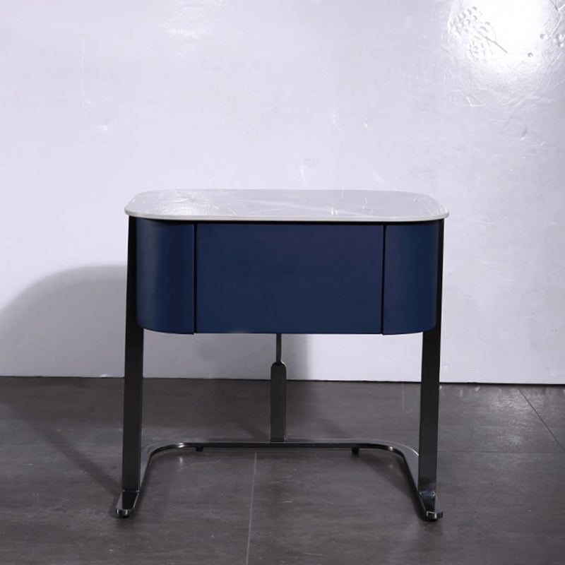 Hardcore Industrial-Style Bedside Table - Durable Rock Slab Top & Exquisite Faux Leather Stitching Nightstand 1-Drawer For Bedroom Lumendat