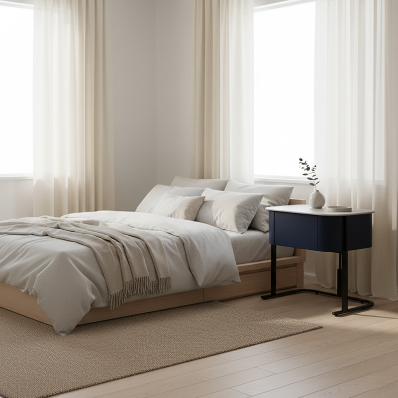 Hardcore Industrial-Style Bedside Table - Durable Rock Slab Top & Exquisite Faux Leather Stitching Nightstand 1-Drawer For Bedroom Lumendat