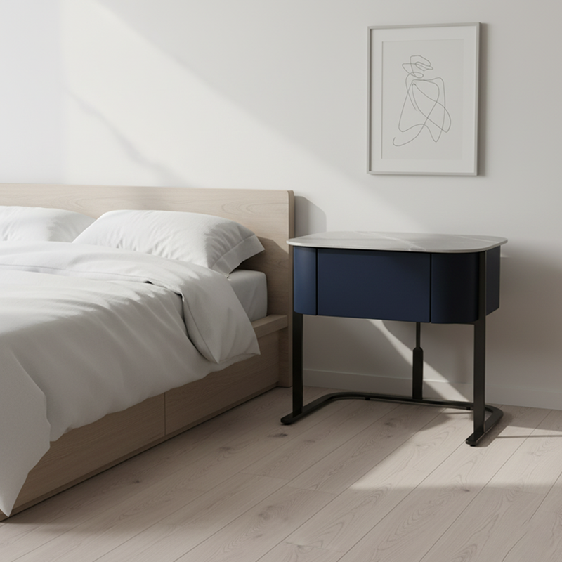 Hardcore Industrial-Style Bedside Table - Durable Rock Slab Top & Exquisite Faux Leather Stitching Nightstand 1-Drawer For Bedroom Lumendat