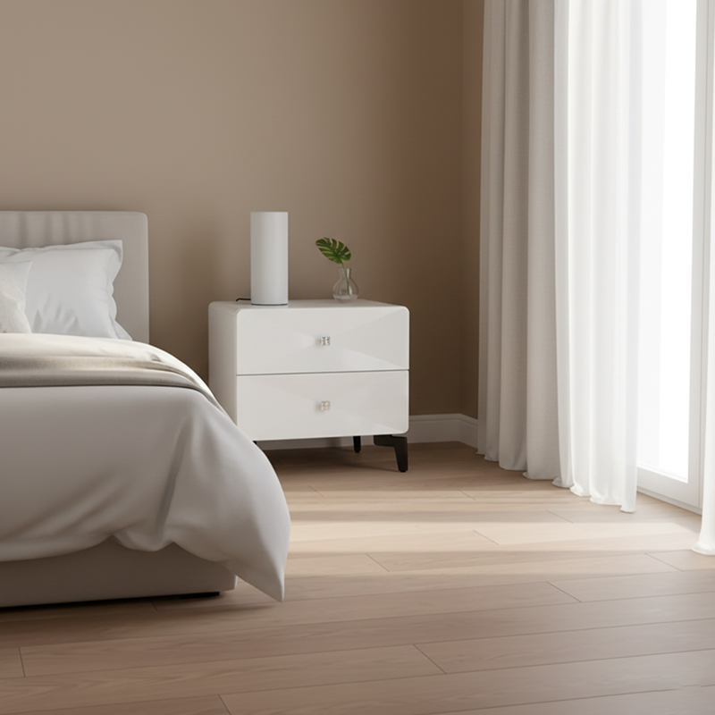Bright White Modern Minimalist Bedside Table - Unique Design Sturdy Iron Legs Nightstand 2-Drawer For Bedroom Lumendat