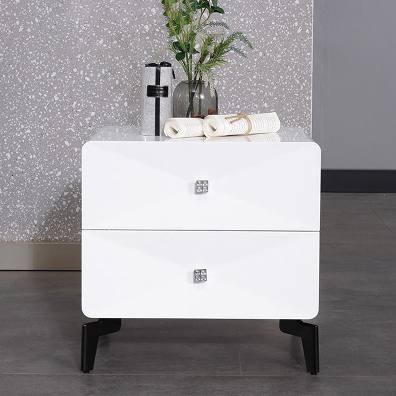 Bright White Modern Minimalist Bedside Table - Unique Design Sturdy Iron Legs Nightstand 2-Drawer For Bedroom Lumendat