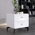 Bright White Modern Minimalist Bedside Table - Unique Design Sturdy Iron Legs Nightstand 2-Drawer For Bedroom Lumendat