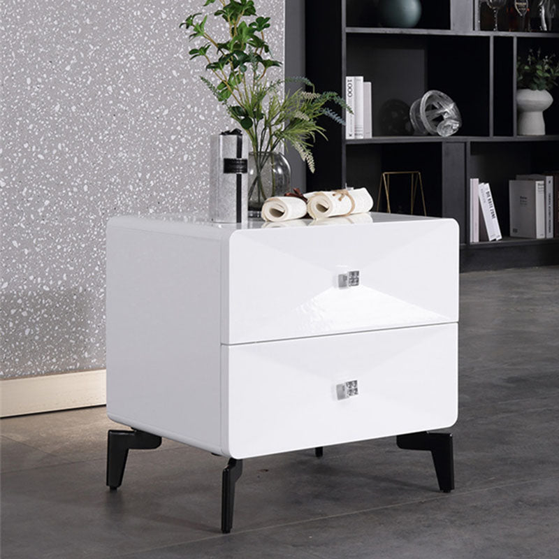 Bright White Modern Minimalist Bedside Table - Unique Design Sturdy Iron Legs Nightstand 2-Drawer For Bedroom Lumendat