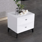 Bright White Modern Minimalist Bedside Table - Unique Design Sturdy Iron Legs Nightstand 2-Drawer For Bedroom Lumendat